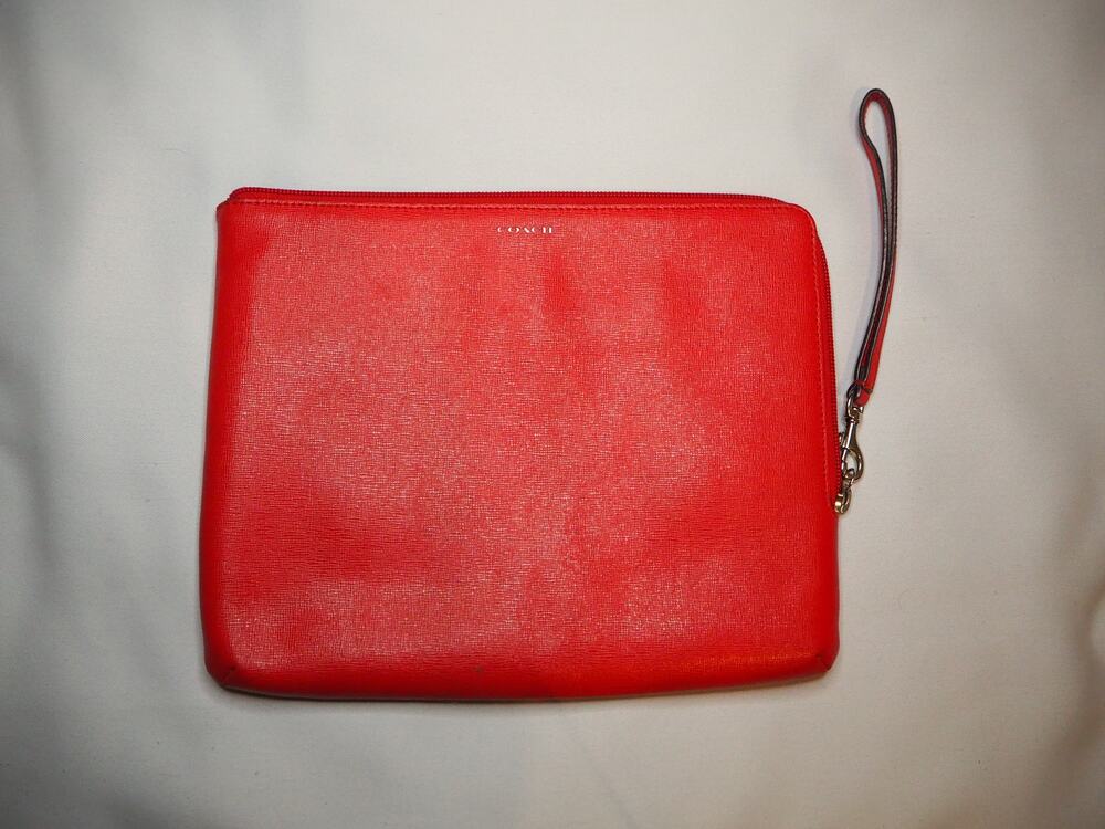 Coach Red Crossgrain Leather Large Tech Pouch Tablet iPad Case Wristlet Clutch